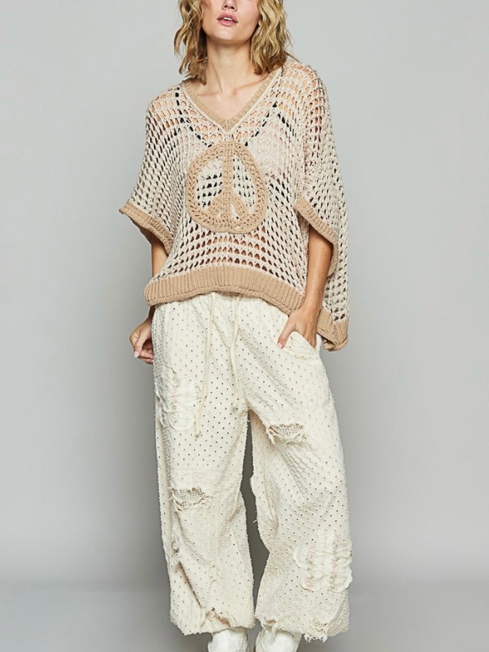 POL Cream Open-Knit Off-the-Shoulder Sweater with Mocha Peace Sign - Picture 6 of 6